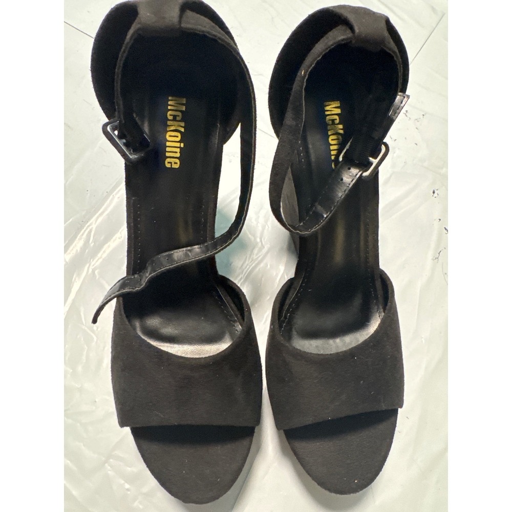 McKoine Platform Wedge Sandals Women Size 40 Black Good Ankle Strap Faux Suede